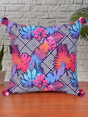 Chintz Pink & Multi Color Polycotton Quirky Digital Printed Cushion Cover with Pom Poms (16x16 inch) 1