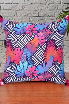 Chintz Pink & Multi Color Polycotton Quirky Digital Printed Cushion Cover with Pom Poms (16x16 inch)