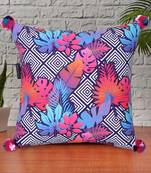 Chintz Pink & Multi Color Polycotton Quirky Digital Printed Cushion Cover with Pom Poms (16x16 inch)
