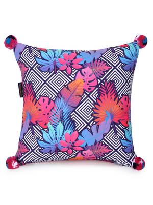 Chintz Pink & Multi Color Polycotton Quirky Digital Printed Cushion Cover with Pom Poms (16x16 inch) 2