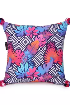 Chintz Pink & Multi Color Polycotton Quirky Digital Printed Cushion Cover with Pom Poms (16x16 inch)