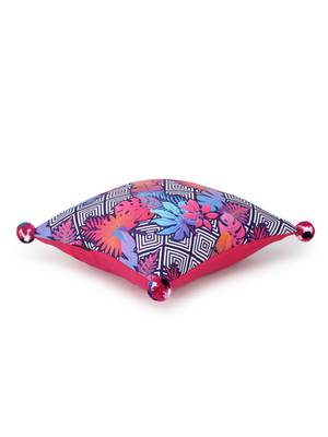 Chintz Pink & Multi Color Polycotton Quirky Digital Printed Cushion Cover with Pom Poms (16x16 inch) 4