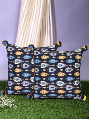 Chintz Black & Multi Color Polycotton Damask Digital Printed Cushion Covers with Pom Poms (16x16 inch) 1
