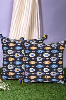 Chintz Black & Multi Color Polycotton Damask Digital Printed Cushion Covers with Pom Poms (16x16 inch)