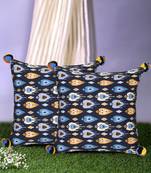 Chintz Black & Multi Color Polycotton Damask Digital Printed Cushion Covers with Pom Poms (16x16 inch)