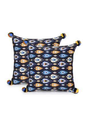 Chintz Black & Multi Color Polycotton Damask Digital Printed Cushion Covers with Pom Poms (16x16 inch) 2