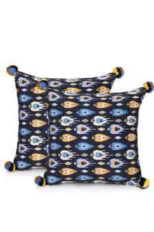 Chintz Black & Multi Color Polycotton Damask Digital Printed Cushion Covers with Pom Poms (16x16 inch)