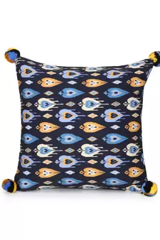 Chintz Black & Multi Color Polycotton Damask Digital Printed Cushion Covers with Pom Poms (16x16 inch)