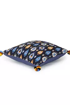 Chintz Black & Multi Color Polycotton Damask Digital Printed Cushion Covers with Pom Poms (16x16 inch)