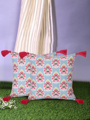 Chintz Grey & Multi Color Polycotton Damask Digital Printed Cushion Covers with Tassels (16x16 inch) 1