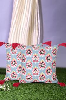 Chintz Grey & Multi Color Polycotton Damask Digital Printed Cushion Covers with Tassels (16x16 inch)