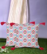 Chintz Grey & Multi Color Polycotton Damask Digital Printed Cushion Covers with Tassels (16x16 inch)