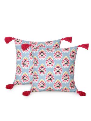 Chintz Grey & Multi Color Polycotton Damask Digital Printed Cushion Covers with Tassels (16x16 inch) 2