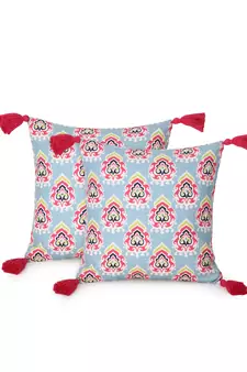 Chintz Grey & Multi Color Polycotton Damask Digital Printed Cushion Covers with Tassels (16x16 inch)