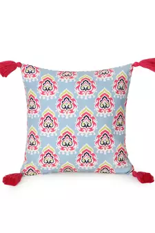 Chintz Grey & Multi Color Polycotton Damask Digital Printed Cushion Covers with Tassels (16x16 inch)