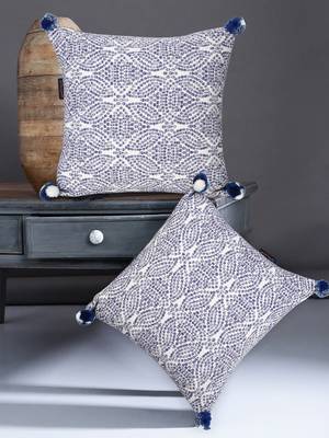 Tribal White & Blue Color Cotton Jacquard Geometric Cushion Covers with Pom Poms (16x16 inch) 1