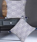 Tribal White & Blue Color Cotton Jacquard Geometric Cushion Covers with Pom Poms (16x16 inch)