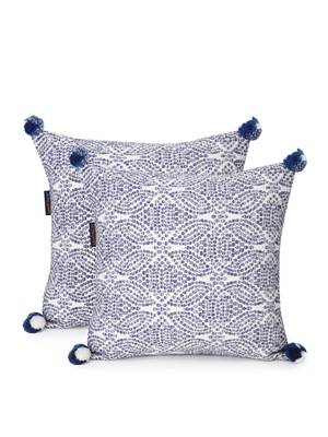 Tribal White & Blue Color Cotton Jacquard Geometric Cushion Covers with Pom Poms (16x16 inch) 2