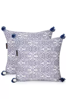 Tribal White & Blue Color Cotton Jacquard Geometric Cushion Covers with Pom Poms (16x16 inch)