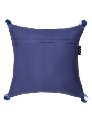 Tribal White & Blue Color Cotton Jacquard Geometric Cushion Covers with Pom Poms (16x16 inch) 4