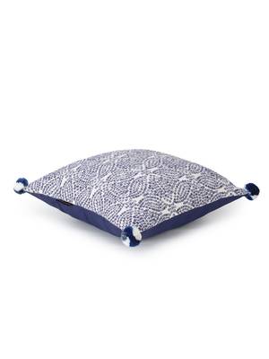Tribal White & Blue Color Cotton Jacquard Geometric Cushion Covers with Pom Poms (16x16 inch) 5