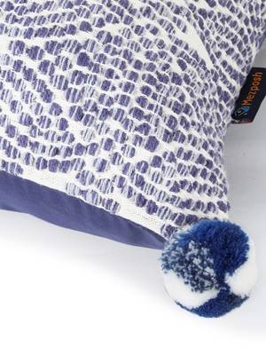 Tribal White & Blue Color Cotton Jacquard Geometric Cushion Covers with Pom Poms (16x16 inch) 6