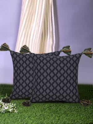 Chintz Black & Multi Color Polycotton Ethnic Motifs Digital Printed Cushion Covers with Tassels (16x16 inch) 1