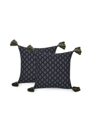 Chintz Black & Multi Color Polycotton Ethnic Motifs Digital Printed Cushion Covers with Tassels (16x16 inch) 2