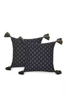 Chintz Black & Multi Color Polycotton Ethnic Motifs Digital Printed Cushion Covers with Tassels (16x16 inch)