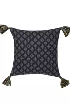 Chintz Black & Multi Color Polycotton Ethnic Motifs Digital Printed Cushion Covers with Tassels (16x16 inch)