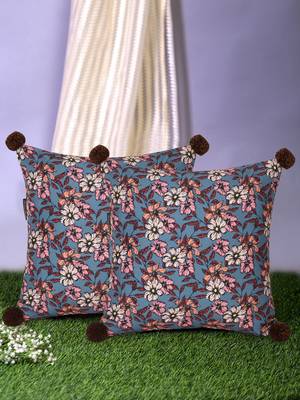 Chintz Grey & Multi Color Polycotton Floral Digital Printed Cushion Covers with Pom Poms (16x16 inch) 1