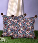 Chintz Grey & Multi Color Polycotton Floral Digital Printed Cushion Covers with Pom Poms (16x16 inch)