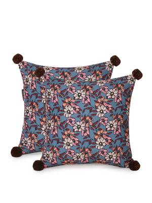 Chintz Grey & Multi Color Polycotton Floral Digital Printed Cushion Covers with Pom Poms (16x16 inch) 2