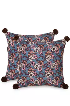 Chintz Grey & Multi Color Polycotton Floral Digital Printed Cushion Covers with Pom Poms (16x16 inch)