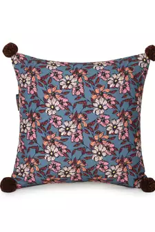 Chintz Grey & Multi Color Polycotton Floral Digital Printed Cushion Covers with Pom Poms (16x16 inch)