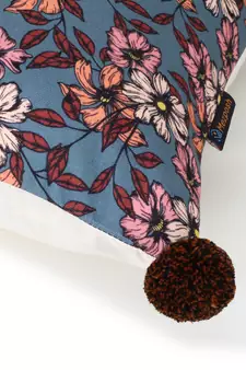 Chintz Grey & Multi Color Polycotton Floral Digital Printed Cushion Covers with Pom Poms (16x16 inch)