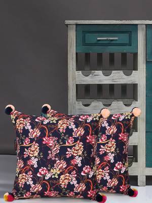 Chintz Navy & Multi Color Polycotton Floral Digital Printed Cushion Covers with Pom Poms (16x16 inch) 1