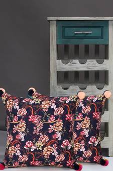 Chintz Navy & Multi Color Polycotton Floral Digital Printed Cushion Covers with Pom Poms (16x16 inch)