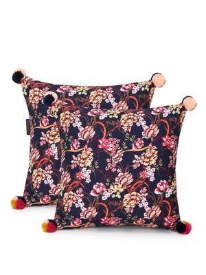 Chintz Navy & Multi Color Polycotton Floral Digital Printed Cushion Covers with Pom Poms (16x16 inch) 2