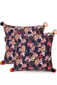 Chintz Navy & Multi Color Polycotton Floral Digital Printed Cushion Covers with Pom Poms (16x16 inch)