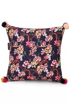 Chintz Navy & Multi Color Polycotton Floral Digital Printed Cushion Covers with Pom Poms (16x16 inch)