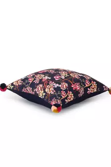Chintz Navy & Multi Color Polycotton Floral Digital Printed Cushion Covers with Pom Poms (16x16 inch)