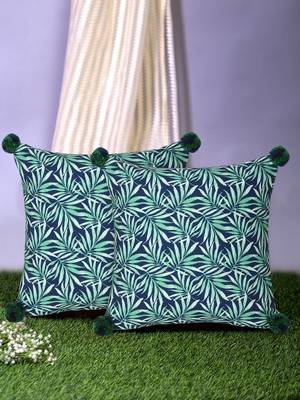 Chintz Green & Navy Color Polycotton Botanical Digital Printed Cushion Covers with Pom Poms (16x16 inch) 1