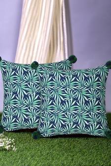 Chintz Green & Navy Color Polycotton Botanical Digital Printed Cushion Covers with Pom Poms (16x16 inch)