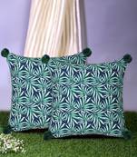 Chintz Green & Navy Color Polycotton Botanical Digital Printed Cushion Covers with Pom Poms (16x16 inch)