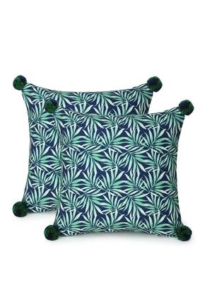 Chintz Green & Navy Color Polycotton Botanical Digital Printed Cushion Covers with Pom Poms (16x16 inch) 2