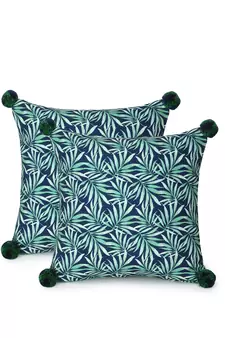 Chintz Green & Navy Color Polycotton Botanical Digital Printed Cushion Covers with Pom Poms (16x16 inch)