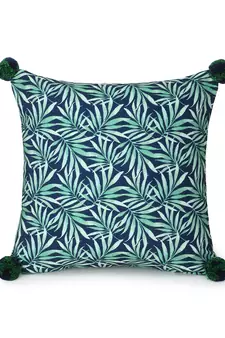 Chintz Green & Navy Color Polycotton Botanical Digital Printed Cushion Covers with Pom Poms (16x16 inch)
