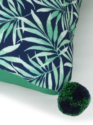 Chintz Green & Navy Color Polycotton Botanical Digital Printed Cushion Covers with Pom Poms (16x16 inch) 6