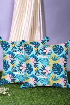Chintz Turquoise & Multi Color Polycotton Botanical Digital Printed Cushion Covers with Pom Poms (16x16 inch)